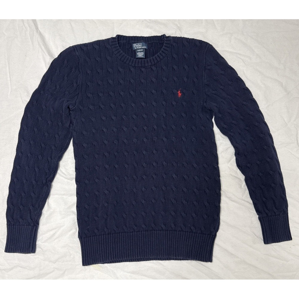 POLO RALPH LAUREN Boys Cable-Knit Sweater Crewneck Cotton NAVY L 18-20 Red Pony